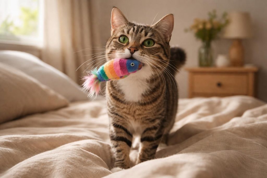 découvrez pourquoi votre chat ramène ses jouets dans votre lit en miaulant, les raisons derrière ce comportement affectueux et comment y répondre.